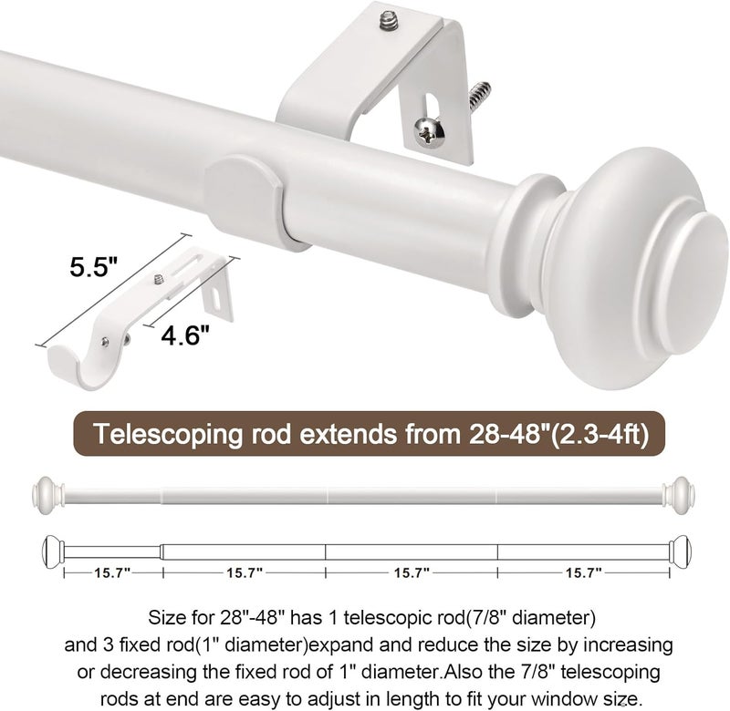 SIMEWIN White Curtain Rods for Windows 28 to 48 Inches Adjustable Decorative 1 Inch Diameter Single Window Curtain Rod Set with Classic Finials, White Finishing - Image 5